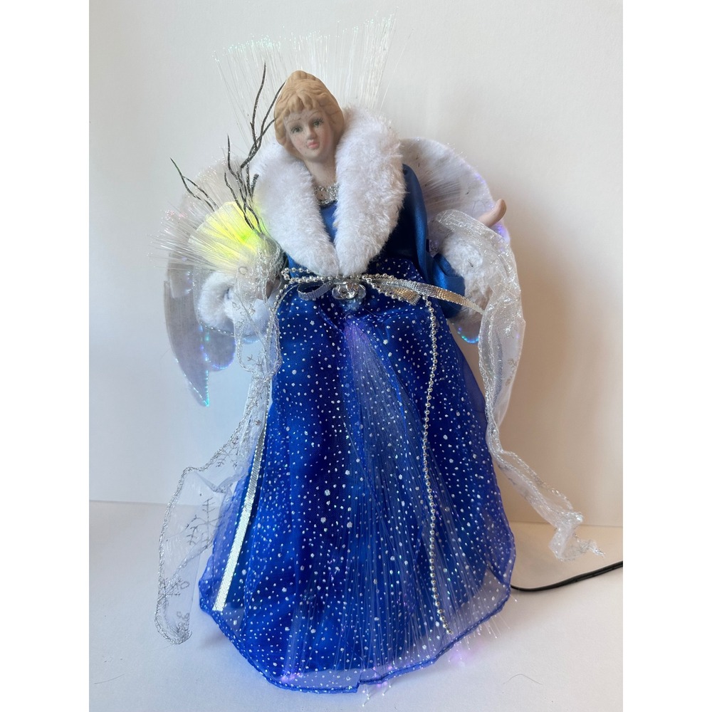 Fiber Optic Angel Christmas Tree Topper Blue Silver Gown Color Changing Lighted